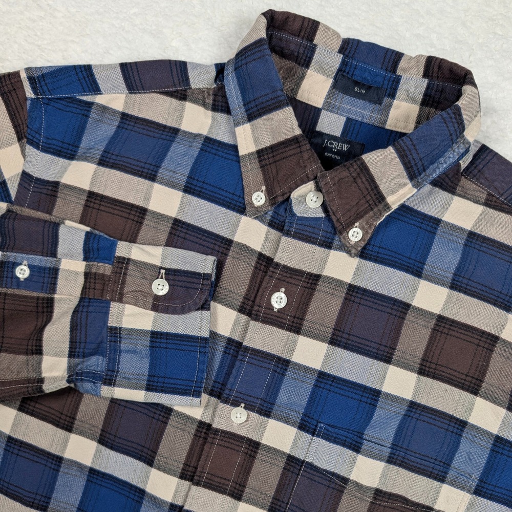 J Crew Oxford Shirt Mens Medium Blue Brown Plaid Slim Fit Long Sleeve Preppy - Picture 1 of 9
